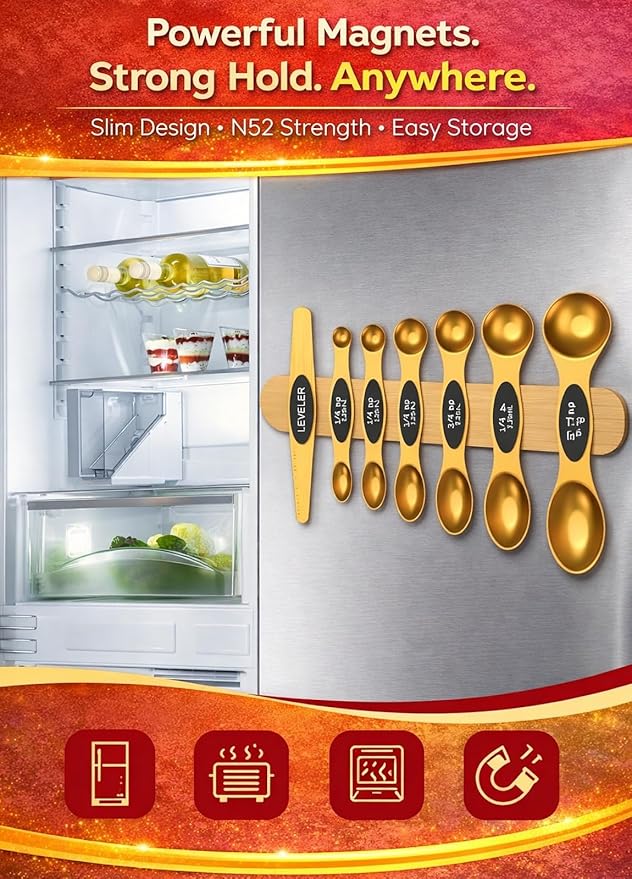 Magnetic Measuring Spoons Set with Strong N45 Magnets, Heavy Duty Stainless Steel Metal, Fits in Most Kitchen Spice Jars for Baking & Cooking, BPA Free, Multicolor, Set of 8 with Leveler(Gold) - Image 3