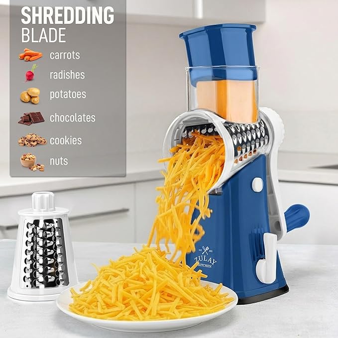 Zulay Kitchen Rotary Cheese Grater 5 Blade Cheese Shredder - Manual Hand Crank Cheese Grater With Reinforced Suction & 5 Interchangeable Drums - Easy to Use, Vegetable Chopper Round Mandoline Slicer - Image 3