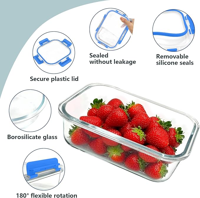 12 Pack Glass Food Storage Container Set with Lids Airtight, Stackable Meal Prep & Leftover Containers, Lunch Box for Microwave, Oven, Freezer and Dishwasher (Blue) - Image 3