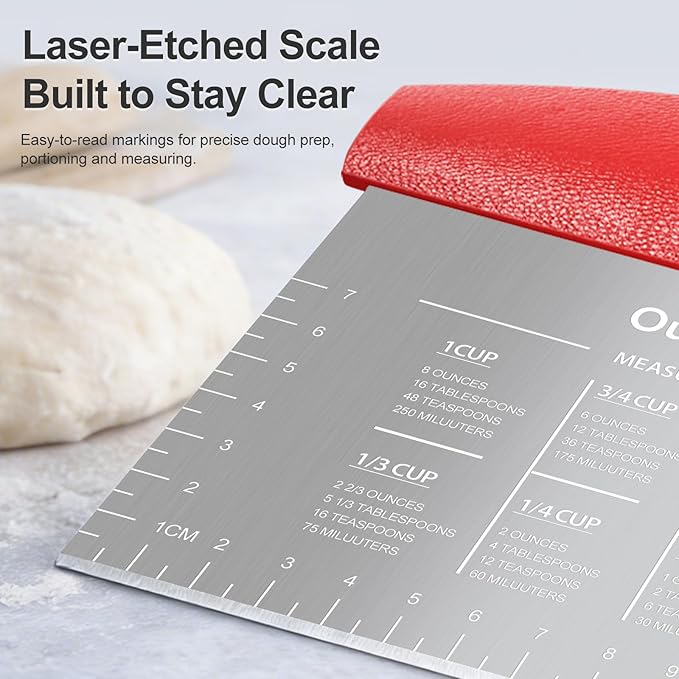 Ourokhome 2 Pack Bench Scraper Dough Cutter, Stainless Steel Dough Scraper with Laser-Etched Scale, Conversion Chart, Non-Slip Handle, Dishwasher Safe for Bread & Pastry, Red - Image 3