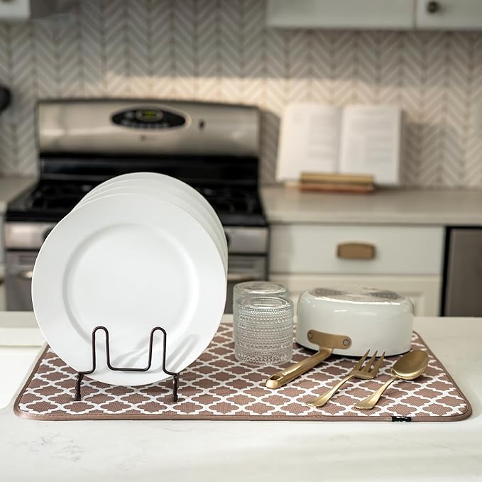 S&T INC. Dish Drying Mat XL, 18” x 24”, Absorbent Microfiber Kitchen Counter Mat, Dish Drying Pad for Dishes, Utensils, Pots and Pans, Extra Large, Taupe Trellis - Image 4