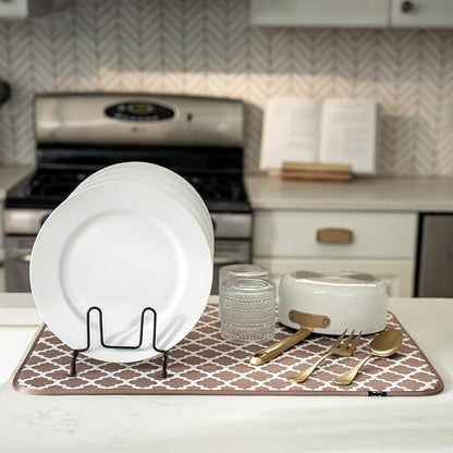 S&T INC. Dish Drying Mat XL, 18” x 24”, Absorbent Microfiber Kitchen Counter Mat, Dish Drying Pad for Dishes, Utensils, Pots and Pans, Extra Large, Taupe Trellis - Image 4
