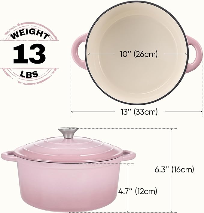 6 Quart Dutch Oven Pot with Lid, Non Stick Enameled Cast Iron Dutch Oven for Bread Baking, Heavy-Duty, Oven Safe Ceramic Cookware Up to 500°F for Baking, Braising, Stews, Roasting, Pink - Image 3