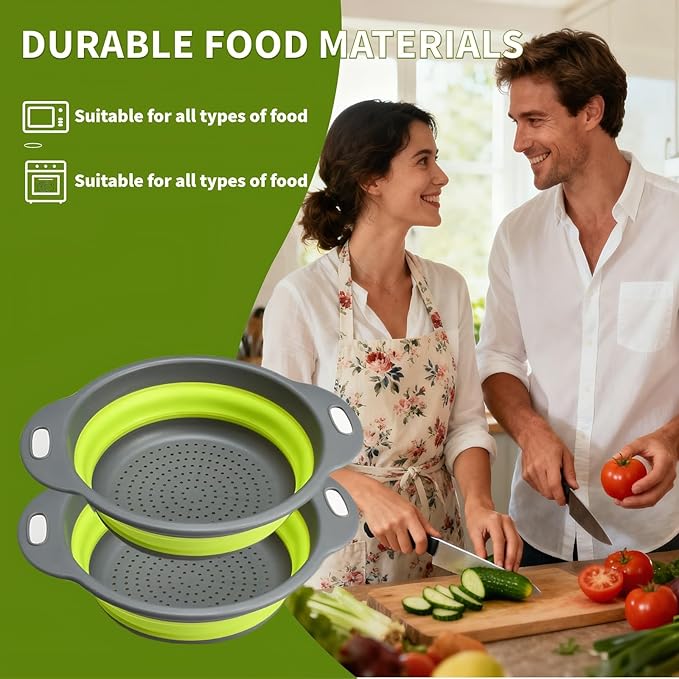 Silicone Colander Collapsible Strainers Set for Kitchen- 2 Pack (5Qt) -Over Home Draining Basket, Food Vegetables & Fruits-Dishwasher Safe, Space Saving Design (Greeen) - Image 6