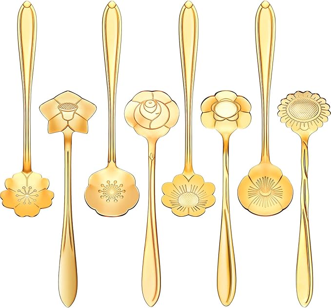 Chengu 8 Pieces Flower Coffee Tea Spoons Stainless Steel Sugar Spoons Tea Party Flower Fancy Tableware Set Stir Bar Creative Stirring Teaspoon, 8 Different Patterns(Gold) by CHENGU