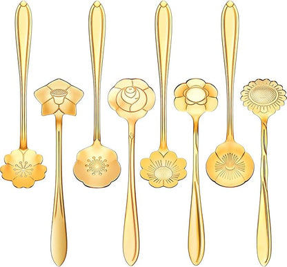 Chengu 8 Pieces Flower Coffee Tea Spoons Stainless Steel Sugar Spoons Tea Party Flower Fancy Tableware Set Stir Bar Creative Stirring Teaspoon, 8 Different Patterns(Gold) by CHENGU