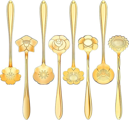 Chengu 8 Pieces Flower Coffee Tea Spoons Stainless Steel Sugar Spoons Tea Party Flower Fancy Tableware Set Stir Bar Creative Stirring Teaspoon, 8 Different Patterns(Gold) by CHENGU