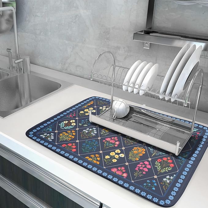 Lapis Blue Dish Drying Mat for Kitchen Counter Flowers Microfiber Absorbent Dish Draining Reusable Washable Large - Image 5