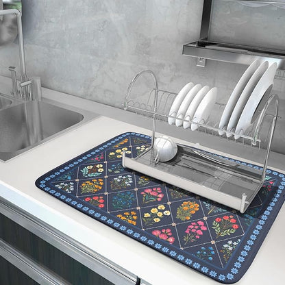 Lapis Blue Dish Drying Mat for Kitchen Counter Flowers Microfiber Absorbent Dish Draining Reusable Washable Large - Image 5