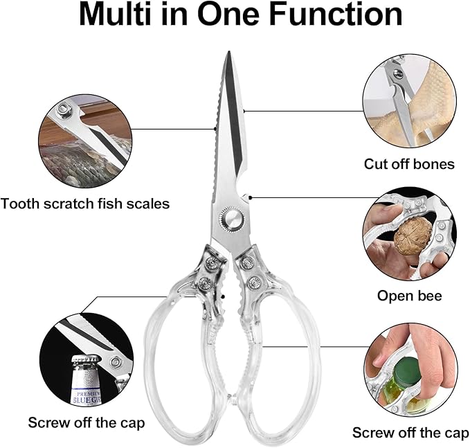 CGBE Kitchen Scissors, Multi-Purpose Kitchen Shears, Heavy Duty Food Scissors for Chicken, Poultry, Fish, Meat & Herbs with Non-Slip Grips (Transparent) - Image 2