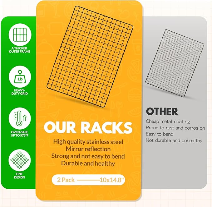 2 PCS Cooling Racks for Cooking and Baking, 14.8x10 Inches Stainless Steel Cooling Rack, Sheet Pan with Wire Rack for Baking Sheet, Bacon Rack Oven Safe Fits Jelly Roll Sheet Pan - Image 4