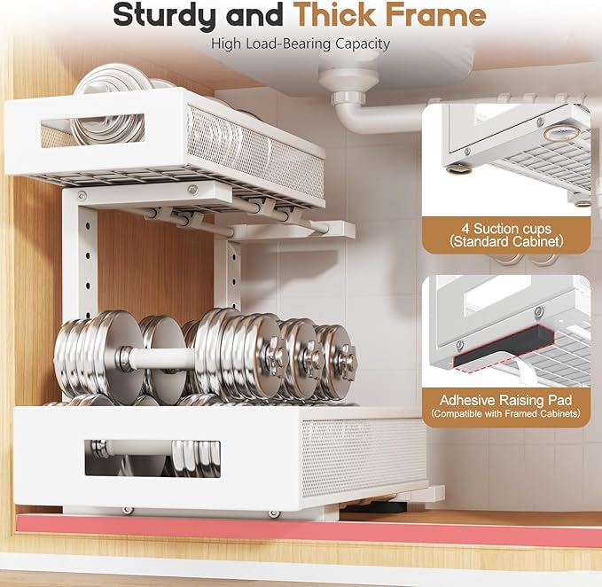 2-Pack Under Sink Storage Organizer, Large 2-Tier Elegant Mesh Pull Out Shelf for Kitchen and Bathroom Cabinet Organization, L-Shaped and Adjustable Height Design for Maximum Space Efficiency-White - Image 6