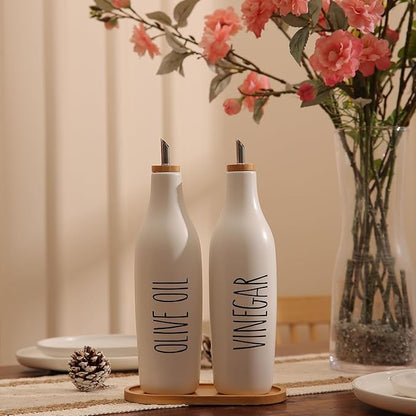 HOMCDALY Olive Oil and Vinegar Dispenser Set, 16oz Ceramic Oil Dispenser for Kitchen, Kitchen Dispenser Bottle for EVOO Vinegar Syrups, Modern Farmhouse Design | Set of 2 – P-White - Image 4