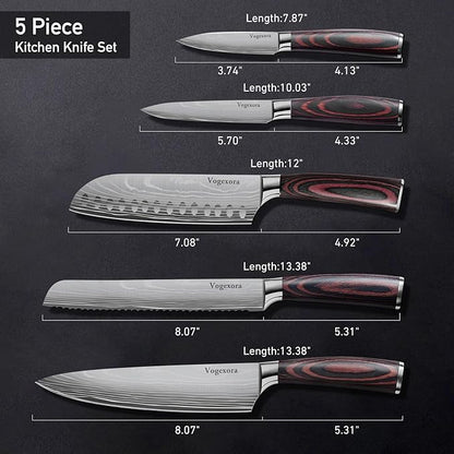 5 Pcs Chefs Kitchen Sharp Knife Set - Japanese Professional Cooking Cutting Knives for Meat Vegetable Bread and Paring, High Carbon Stainless Steel Santoku