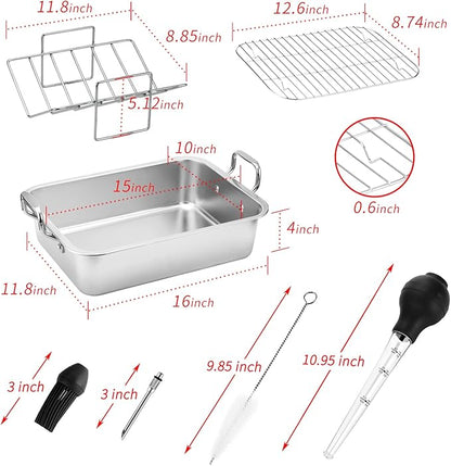 15 Inch Stainless Steel Roasting Pan with V-Shaped Rack and Turkey Baster - Rectangular Roaster for Turkey, Chicken, Vegetables - Fits 20lb Turkey
