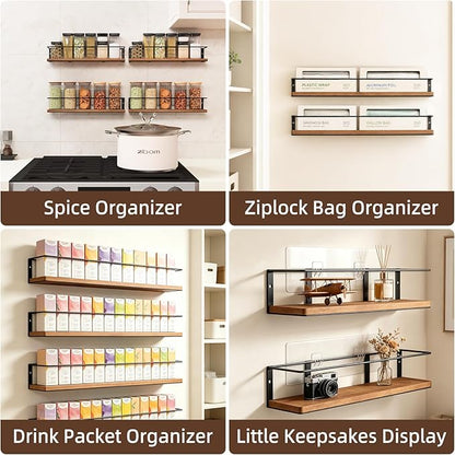 Spice Rack Self-Adhesive or drilling, Rustic Style Hanging Spice Rack, Spice Organization for Cabinet Door or Wall Mount, Over The Stove, Kitchen Wall, 4-Pack