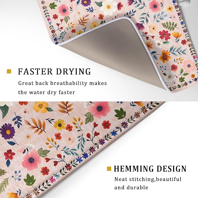 Spring Flowers Dish Drying Mat - Summer Pink Floral Washable Decorative Drying Pad for Women Home Kitchen Decor - Image 3