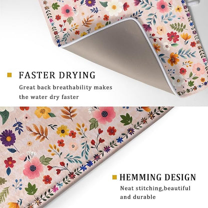Spring Flowers Dish Drying Mat - Summer Pink Floral Washable Decorative Drying Pad for Women Home Kitchen Decor - Image 3