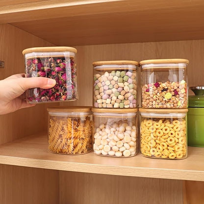 Moretoes 6 Pack 0.6qt Square Glass Storage Containers with Bamboo Press Lids, Airtight Food Storage Jars for Pantry, Spices, Dry Goods