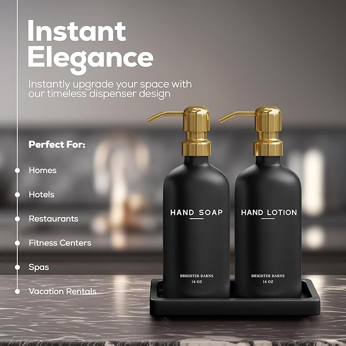 Luxury Glass Soap and Lotion Dispenser Set with Tray by Brighter Barns - Black and Gold Soap Dispenser Bathroom Set - Modern Bathroom Decor for Airbnb, Guest House, Vacation Rental, Gift (Black/Gold) - Image 2