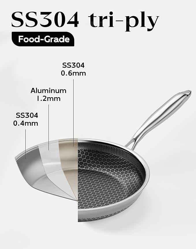 Nonstick Frying Pan with Lid 12-Inch, Durable Stainless Steel Skillet, Induction Cooktop Compatible, PFOA-Free Scratch-Proof, Dishwasher & Oven Safe, Stay-Cool Handle, Silver Kitchen Cookware - Image 8