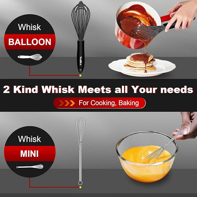 Silicone Whisks set with 7+5in mini stainless steel whisk, Non Scratch Coated 7+9+11in Whisks for Nonstick Cookware,Premium for Blending, Whisking, Beating, Frothing & Stirring - Image 8