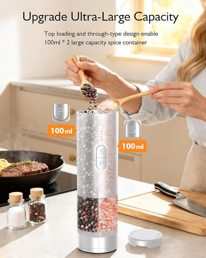 Electric Salt and Pepper Grinder Set, 2 in 1 Dual Bins USB Rechargeable Refillable Automatic Salt and Pepper Mill Shaker with LED Light, Dual Ceramic Grinder Adjustable Coarseness, kitchen gift, white - Image 6