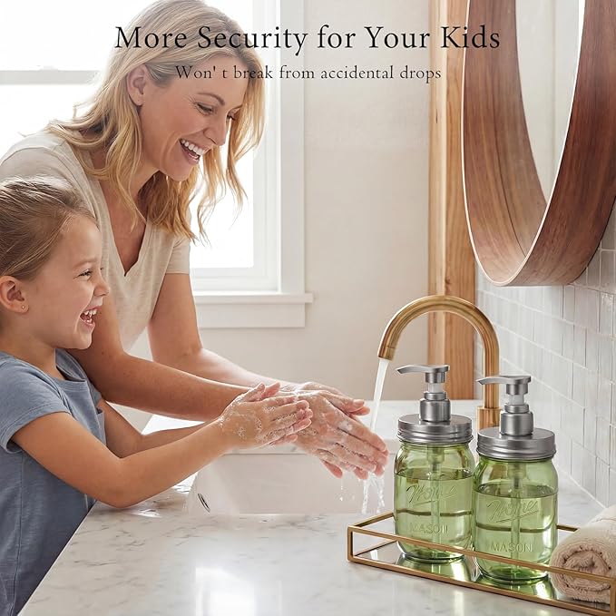 Amolliar Plastic Mason Jar Soap Dispenser with Pump Lid,16OZ Refillable BPA-Free Hand Soap Dispenser Set with Cute Lables, Farmhouse Decor for Kitchen/Bathroom, Liquid Dish Soap, Lotion(2 Pack, Green) - Image 6