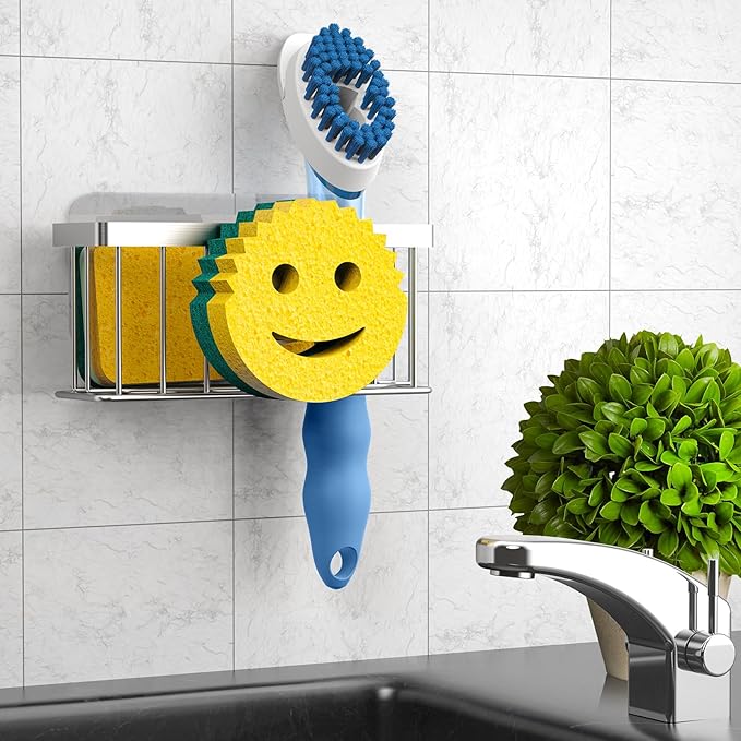 MURLONG Sponge Holder Smiley Face,Sink Caddy for kitchen Sink,Sponge Holder with 2 PCS Suction Cups/1 PCS Adhesive Strips,Designed for Sponge,Soap,Dish brush,Scrubber-Silver - Image 6