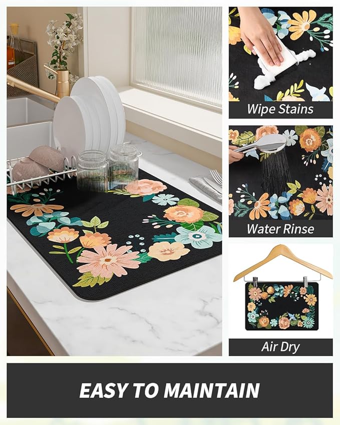 AMOAMI Coffee Mat Hide Stain Rubber Backed Absorbent Dish Drying Mat for Kitchen Counter - Bar Accessories Fit Under Coffee Maker, Espresso Machine, Dish Rack - Floral Black 12x19 - Image 3