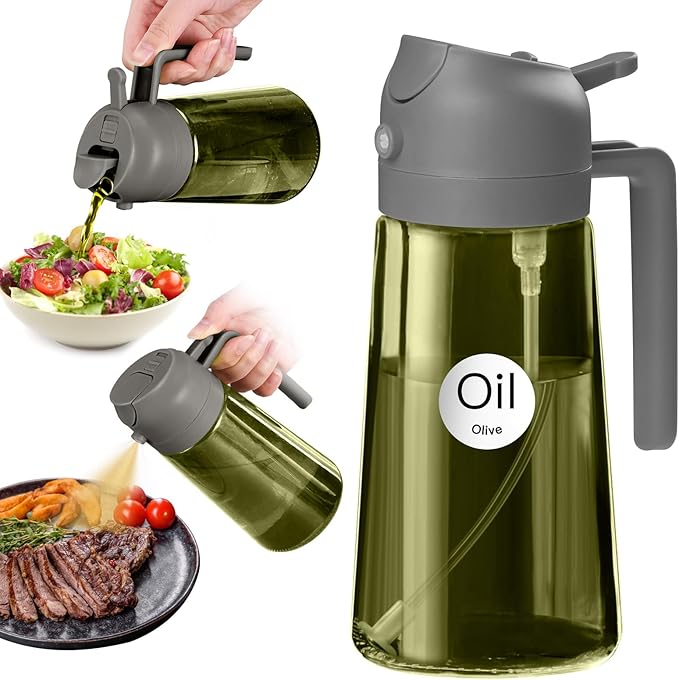 YARRAMATE 16oz/470ml Dark Green Oil Sprayer for Cooking with Stickers, Food-grade Premium 2 in 1 Olive Oil Dispenser Bottle for Kitchen Gadgets, Air Fryer, Salad, Frying, BBQ (Grey) by YARRAMATE