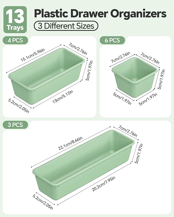 Canfanni 13 Pack Plastic Drawer Organizers Set, 3 Sizes Desk Drawer Organizer Trays for Vanity and Makeup Organizer, Organization and Storage for Makeup, Kitchen Utensils, Bathroom and Office(Green) - Image 2