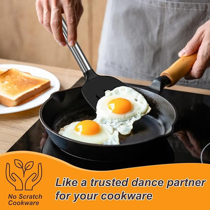 Yoehka Silicone Cooking Utensils Set for Nonstick Cookware, 4Pcs Heat Resistant Kitchen Silicone Spatula and Spoon Set with Stainless Steel Handle, Mixing, Flipping, Turning, Stirring, Black - Image 6
