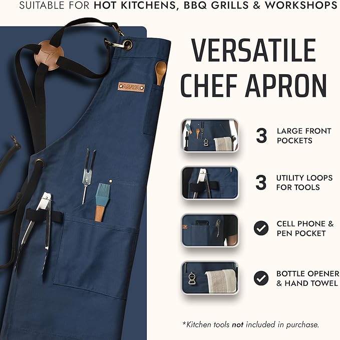 Asaya Chef and BBQ Apron with Bottle Opener and Hand Towel - 10oz Cotton Canvas, Stainless Steel Hardware - Cross Back Straps - Image 2