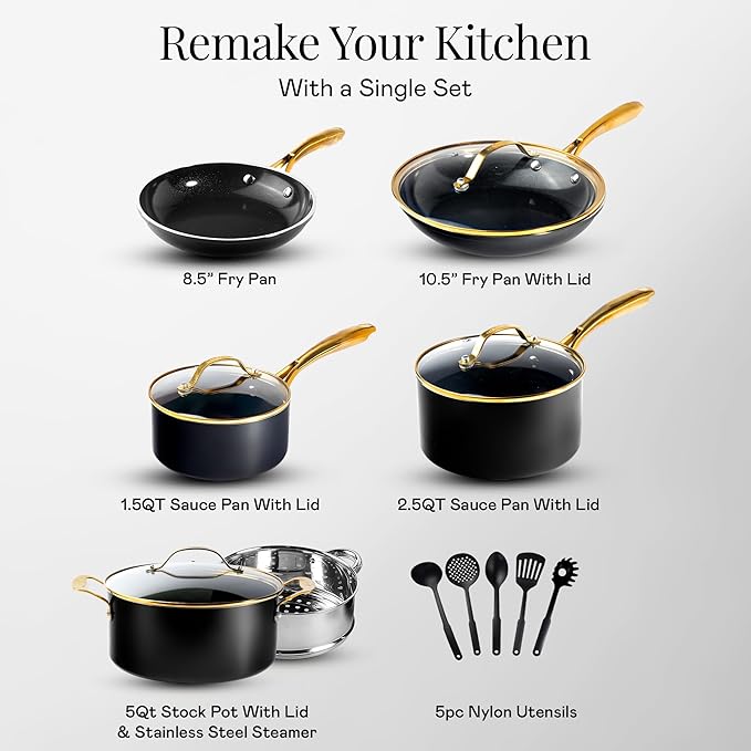 Gotham Steel 15 Pc Ceramic Cookware Set Nonstick, Ceramic Pots and Pans Set Non Stick with Steamer & Cooking Utensils, Non Toxic PFOA PFOS Free, Premium Stay Cool Handles, Oven & Dishwasher Safe - Image 2