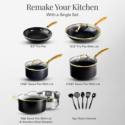 Gotham Steel 15 Pc Ceramic Cookware Set Nonstick, Ceramic Pots and Pans Set Non Stick with Steamer & Cooking Utensils, Non Toxic PFOA PFOS Free, Premium Stay Cool Handles, Oven & Dishwasher Safe - Image 2