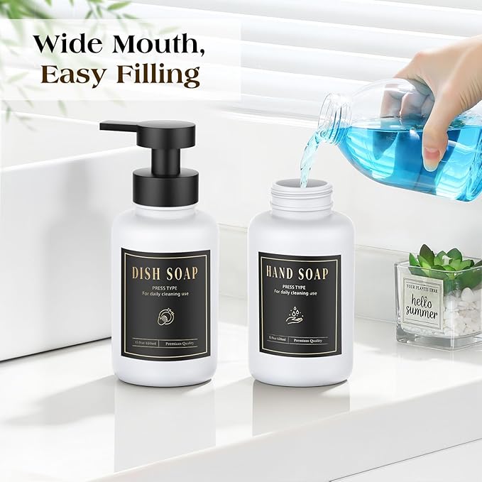 Luxspire Foaming Soap Dispenser, Glass Foam Pump Soap Dispenser, Non-Slip Hand Soap Bottle with 5 Waterproof Labels, 15 Oz Refillable Liquid Soap Bottle for Bathroom & Kitchen, White, 2 Pack