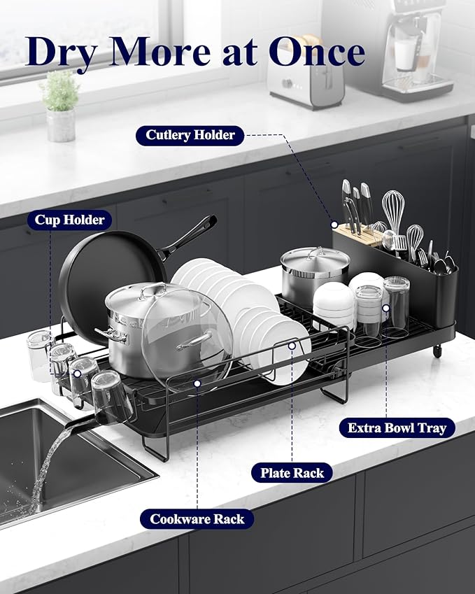 Kitsure Large Dish Drying Rack - Extendable Dish Rack, Multifunctional Dish Rack for Kitchen Counter, Anti-Rust Dish Drainers with Cutlery & Cup Holders 19.2"-26.7" L x 12.9" W, Black - Image 2