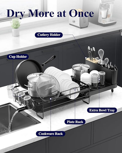 Kitsure Large Dish Drying Rack - Extendable Dish Rack, Multifunctional Dish Rack for Kitchen Counter, Anti-Rust Dish Drainers with Cutlery & Cup Holders 19.2"-26.7" L x 12.9" W, Black - Image 2