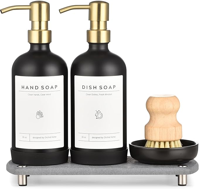 [Luxury] Kitchen Soap Dispenser Set - 16OZ Black Glass Bottle, Stainless Steel Pump, Instant Dry Tray, Waterproof Labels, Non-Slip Silicone Pad, and Dish Brush | Upgrade for Your Kitchen and Bathroom by ORCHID+HOME