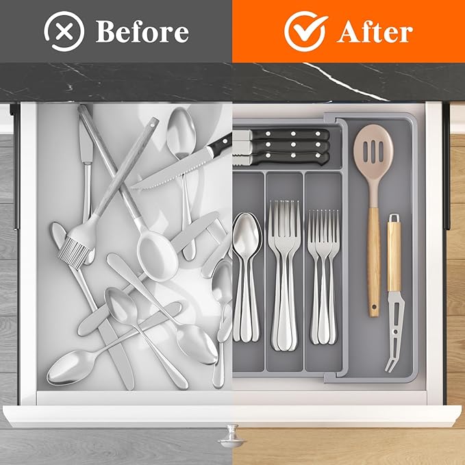 Lifewit Silverware Drawer Organizer, Expandable Utensil Tray for Kitchen, BPA Free Flatware and Cutlery Holder, Adjustable Plastic Storage for Spoons Forks Knives, 10.9"-17.5" x 13.7", Gray - Image 5