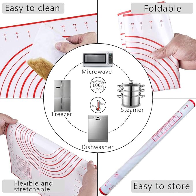 Rolling Pin and Silicone Baking Pastry Mat Set, Stainless Steel Dough Roller, Rolling Pins with Adjustable Thickness Rings, for Baking Fondant, Pizza, Pie, Pastries, Pasta, Cookies - Image 5