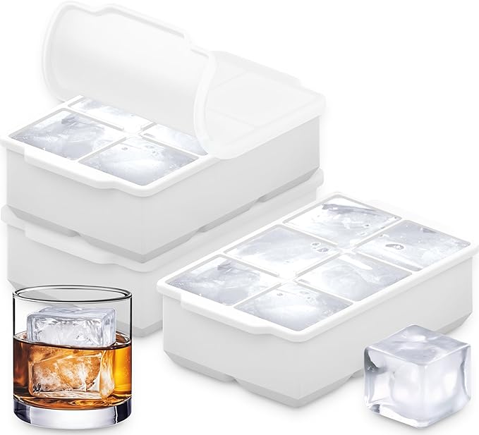 KitchFort Large Silicone Ice Cube Tray (3-Pack), Easy Release 2" Big Ice Cubes - Cocktail, Whiskey Ice Cubes Mold - Ice Trays for Freezer with Lid - Stackable Silicone Ice Tray - White by KitchFort