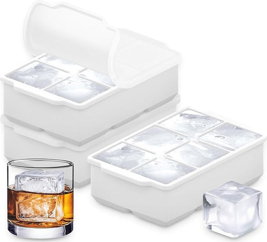 KitchFort Large Silicone Ice Cube Tray (3-Pack), Easy Release 2" Big Ice Cubes - Cocktail, Whiskey Ice Cubes Mold - Ice Trays for Freezer with Lid - Stackable Silicone Ice Tray - White by KitchFort