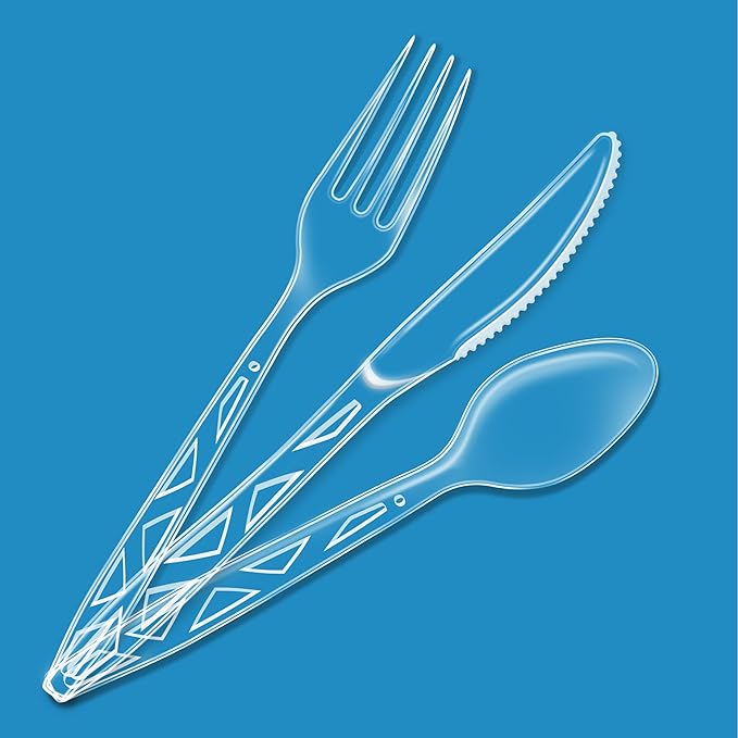 Amazon Basics Disposable Clear Plastic Cutlery Set, Premium Quality, Strong, 192 Count, Large Combo Pack Forks, Spoons and Knives - Image 2