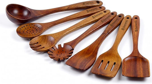 7Pcs Wooden Kitchen Utensil Set, Premium Natural Acacia Wood Cooking Utensils for Nonstick Cookware, Spoon Spatula Turner Ladle Skimmer Pasta Server, BPA Free