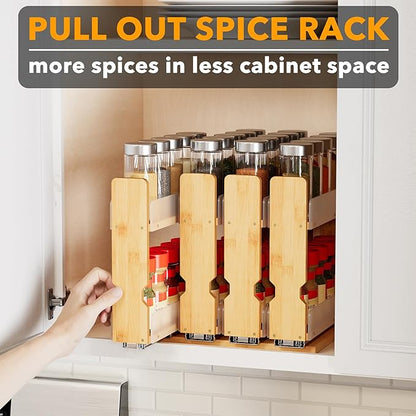 SpaceAid Bamboo Pull Out Spice Rack Organizer for Cabinet, Heavy Duty Slide Out Seasoning Kitchen Pantry Sliding Vertical Organization, 10.1" Wide, 4 Drawers(2" Wide), 2-Tier, Natural - Image 5