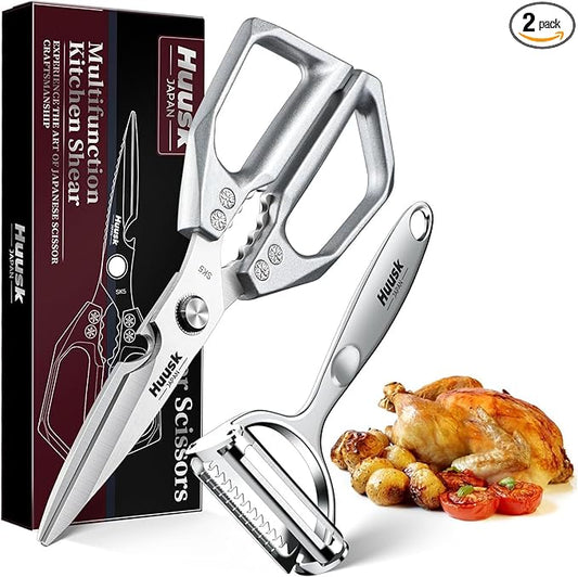 HUUSK Kitchen Scissors and Vegetable Peeler Set - Silver Stainless Steel Cooking Kitchen Shears for Food with Serrated Peeler, Heavy Duty Japanese Dishwasher Safe Meat Scissors, Gift for Men by HuuskKnife