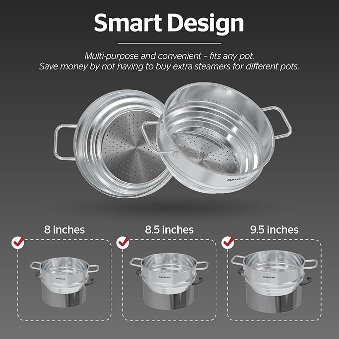 SUNHOUSE 5 Quart Stainless Steel Steamer Insert – Multi-Purpose Soup & Food Steamer with Stay-Cool Handles & Heavy-Duty Glass Lid – Fits Various Pot Sizes (8", 8.5", 9.5") - Image 2