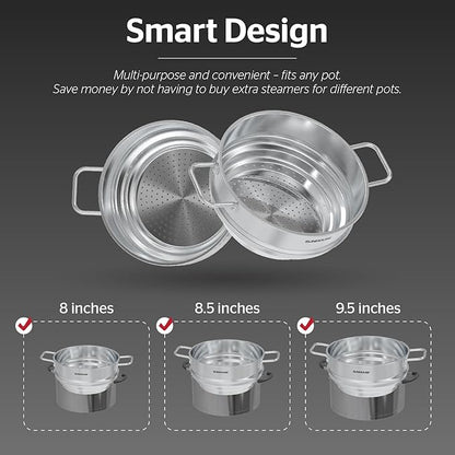 SUNHOUSE 5 Quart Stainless Steel Steamer Insert – Multi-Purpose Soup & Food Steamer with Stay-Cool Handles & Heavy-Duty Glass Lid – Fits Various Pot Sizes (8", 8.5", 9.5") - Image 2